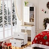 3 in 1 Small Vanity Desk with Lights and Mirror,Charging Station,White | Lighted Compact Vanity with Jewelry Armoire,Glass Top Makeup Vanity Set with Wheeled Stool,3 Drawers