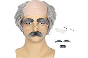 M MISS U HAIR Miss U Hair Old Man Wig and Mustache Eyebrows Funny Wigs Short Grey Bald Cap With Hair On Sides Balding Grandpa Wig
