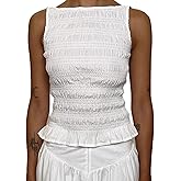 Women Y2K Shirred Tank Top Sleeveless Crewneck Frill Smocked Ruffle Crop Top Ruched Pelpum Going Out Tops