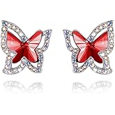 GEMMANCE Valentine's Day Gift For Women Butterfly Crystal Stud Earrings with Premium Birthstone, Silver-Tone