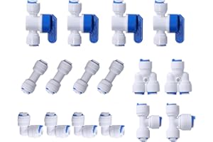 JBTOZIUY 1/4" OD Quick Connect Push in to Connect Water Tube Fitting for RO Reverse Osmosis Water Filter(Ball Valve + T + I + L + Y, 16 Pack),White