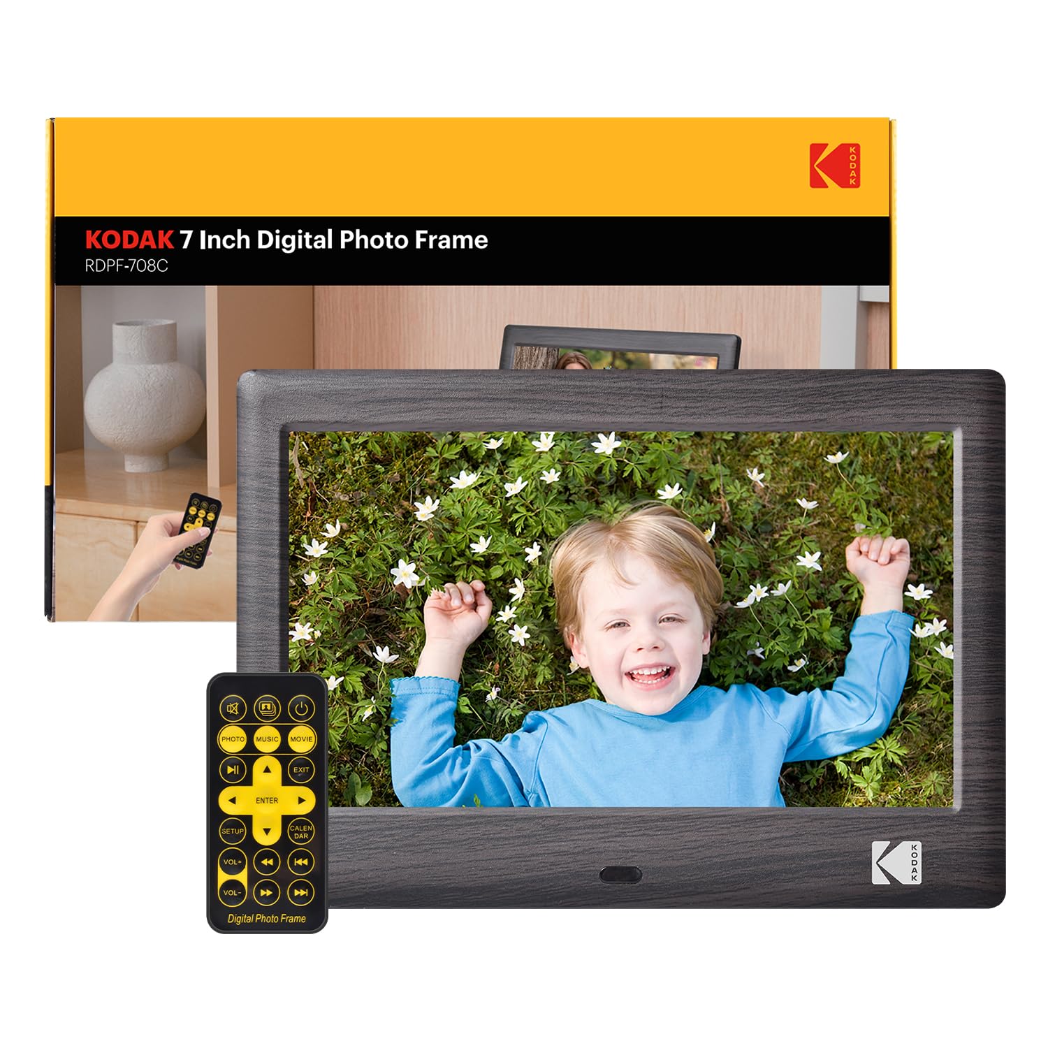KODAK 7 Inch Digital Photo Frame, Electronic Photo Frame, IPS Screen, Photo/Music/Video Player/Calendar/Alarm, Supports USB or SD Card, Automatic Rotating, with Remote Control