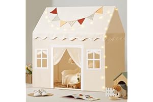 Tiny Land Play Tent with Padded Mat & LED Lights, Kids Tent, Playhouse for Kids, Indoor Bed Tent for Toddler, Toys for 3,4,5,6-Year-Old Girls, Neutral Color Play Room Furniture