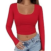 Buauty Women's Long Sleeve Square Neck Crop Tops, Ribbed Knit Slim Fitted Casual Basic Y2K Crop Top Tee Blouse Retro