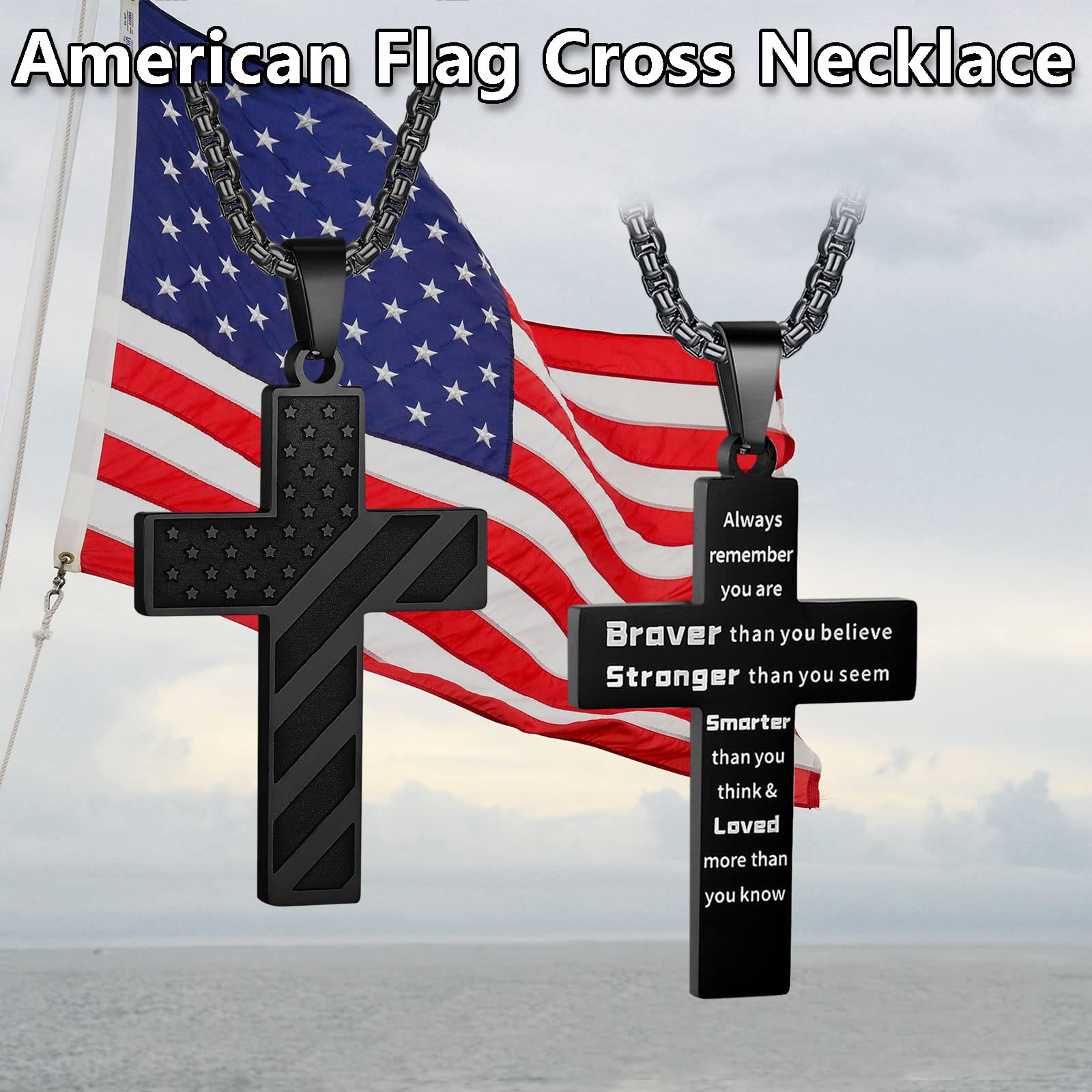 HattiDoris American Flag Cross Necklace for Men Stainless Steel Box Chain 22+2 inch Inspirational Bible Verse Cross Pendant Patriotic Jewelry Personalized Christian Gift for Men