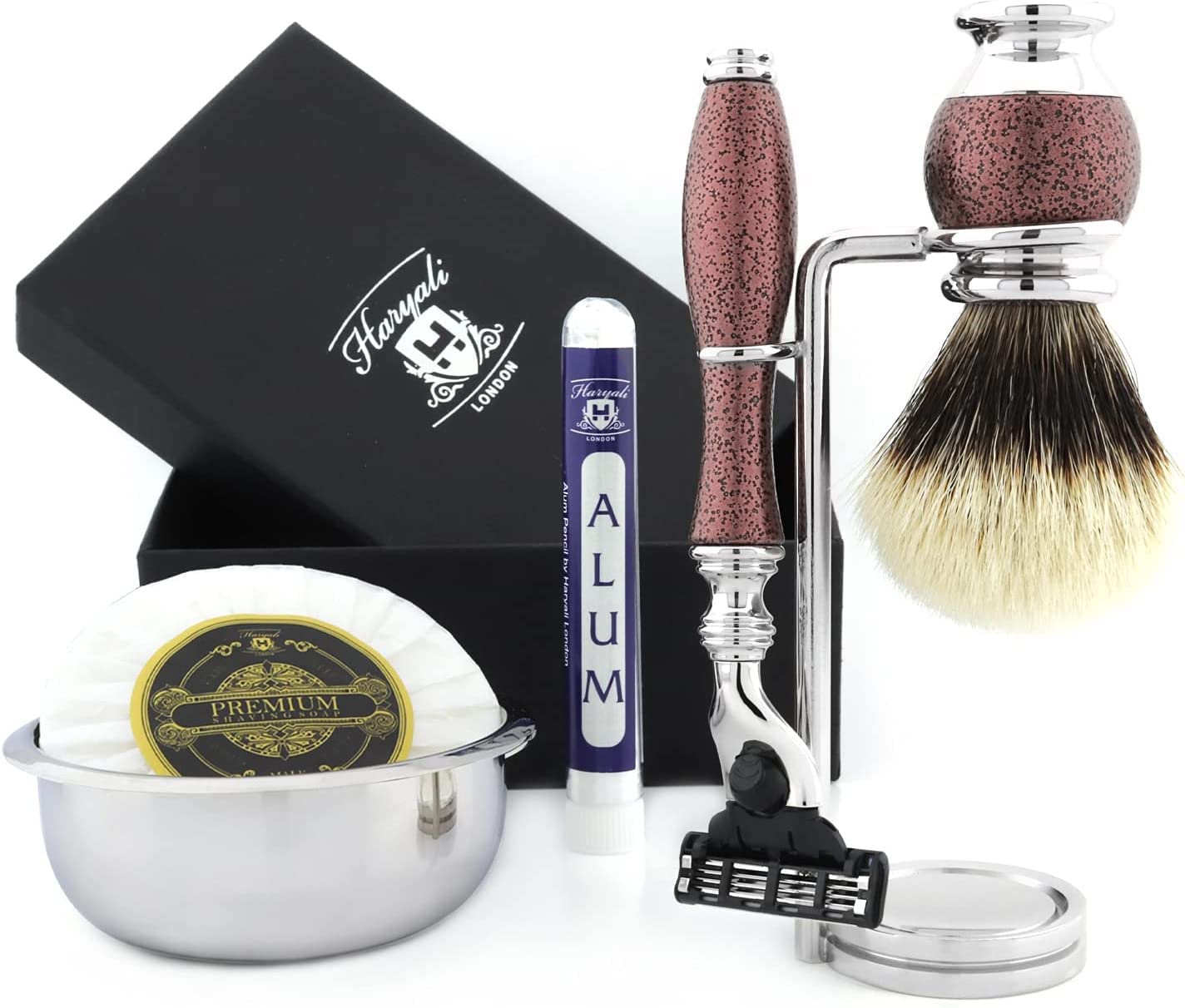 Haryali London Shaving Kit – 6 Pc Shaving Kit – Double Edge Safety Razor - Best Badger Shaving Brush – Shaving Soap – Shaving Bowl – Shaving Stand – Alum - Antique Maroon Color