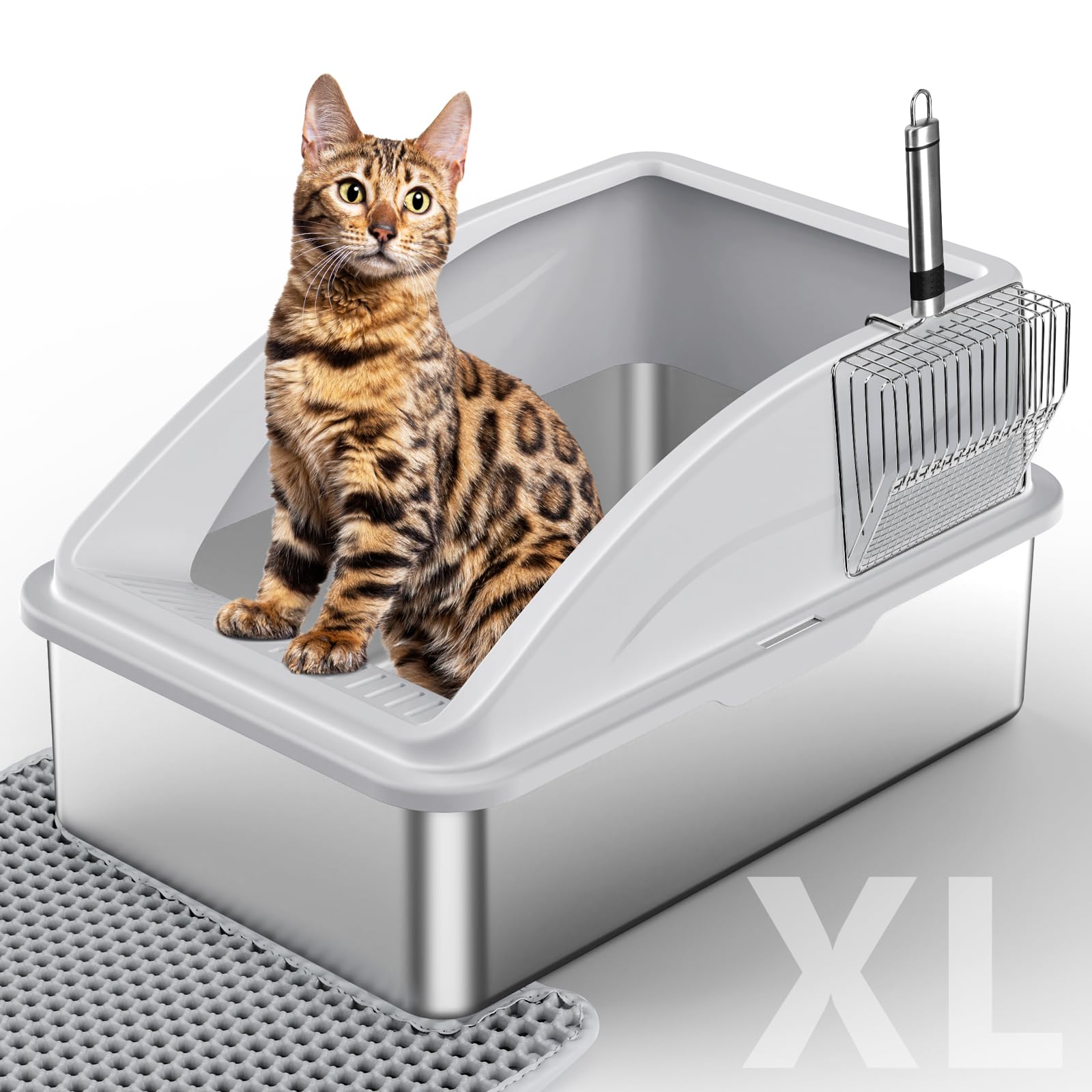 Stainless Steel Litter Box, Extra Large Litter Boxes for Big Cats, XL Metal Cat Litter Box with Lid, Anti-Urine Leakage, Non-Sticky, Include Cat Mat and Litter Scoop Image