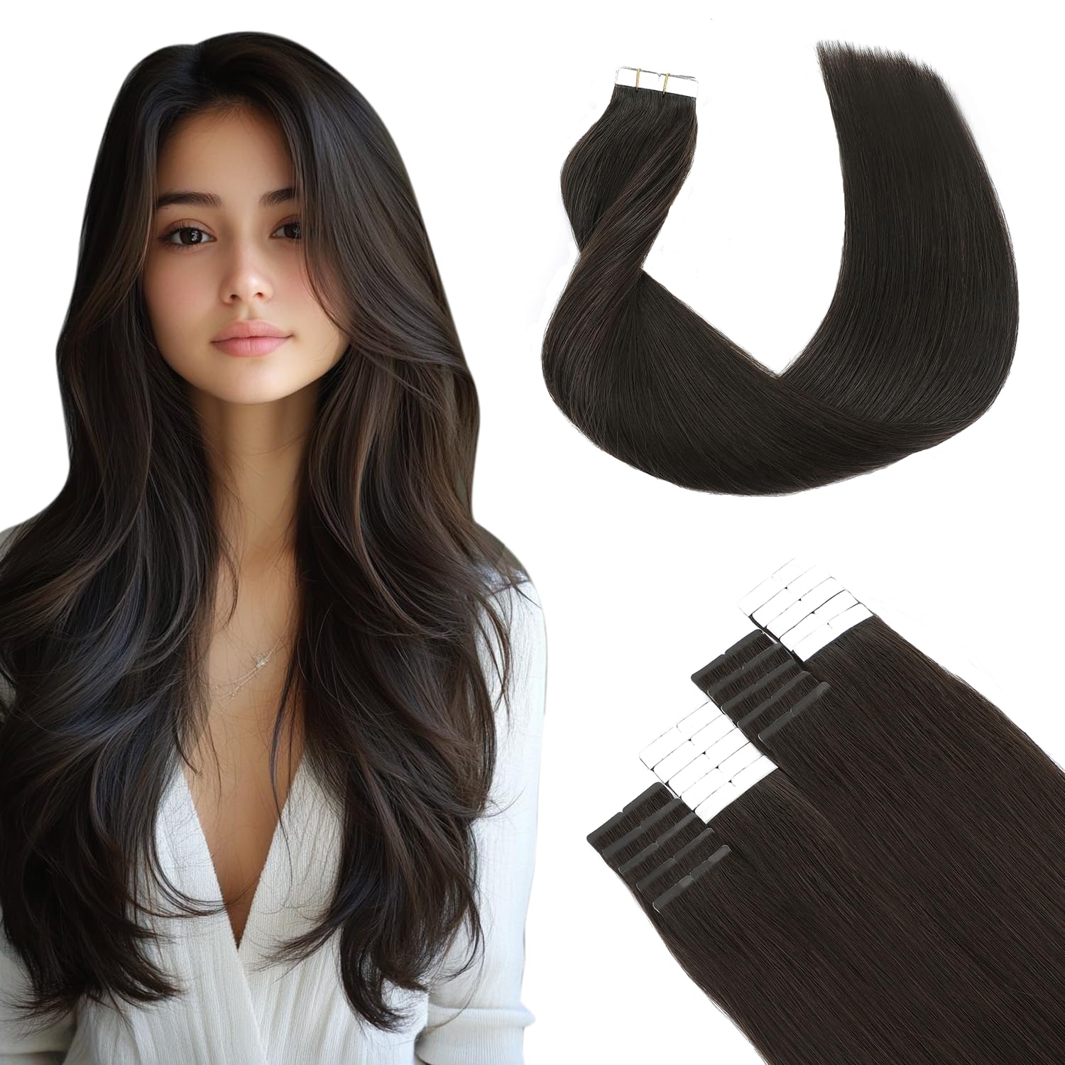 SURNEL Tape in Real Human Hair Extensions Color 2 Dark Brown 16 Inch Seamless Skin Weft Double Sided Tape in Hair Extensions Human Hair 50 Gram 20 Pcs Hair Extensions (T16inch, 2) — image 1