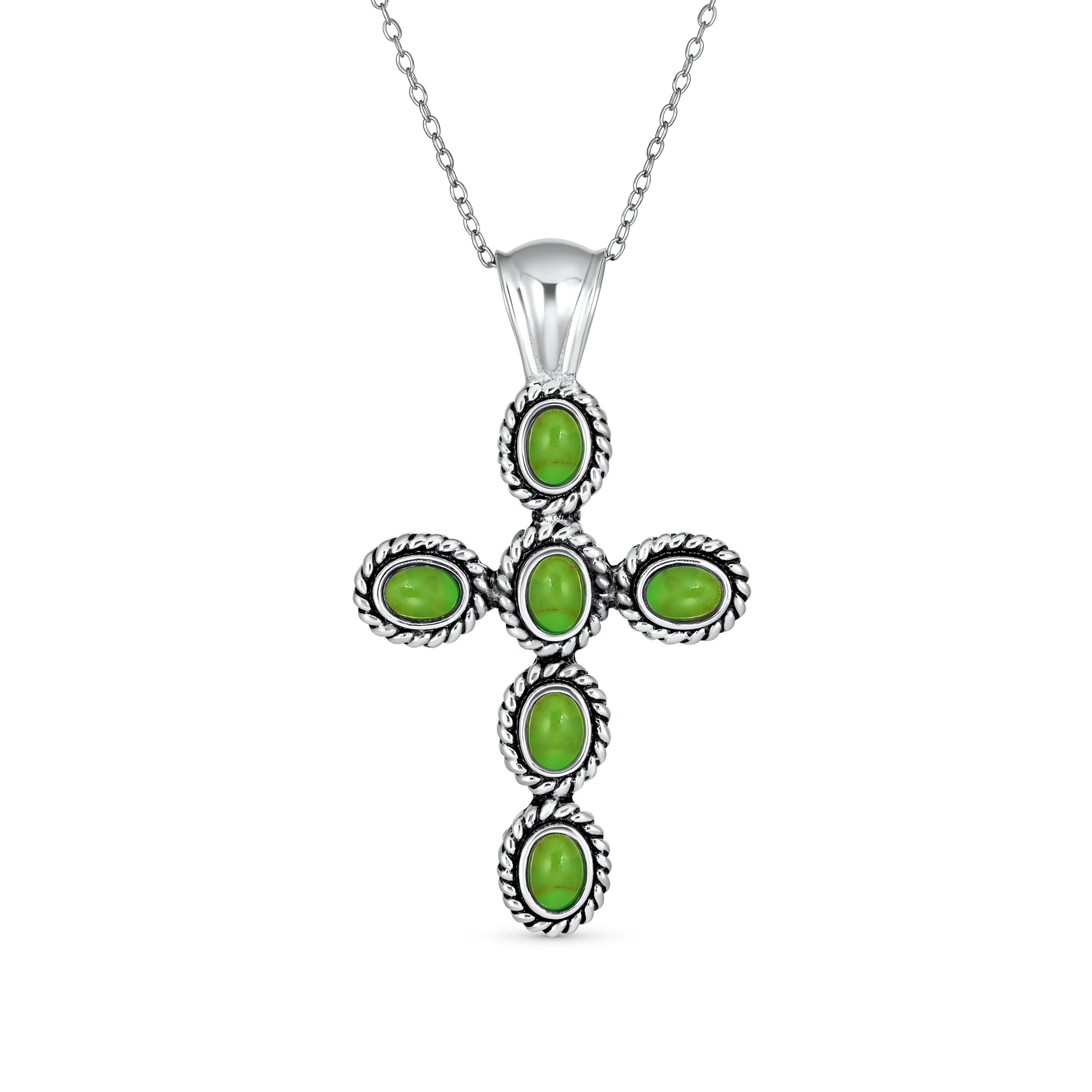 Bling Jewelry South Western Style Stabilized Green Turquoise Rope Bezel Set Cross Pendant Necklace For Women .925 Sterling Silver