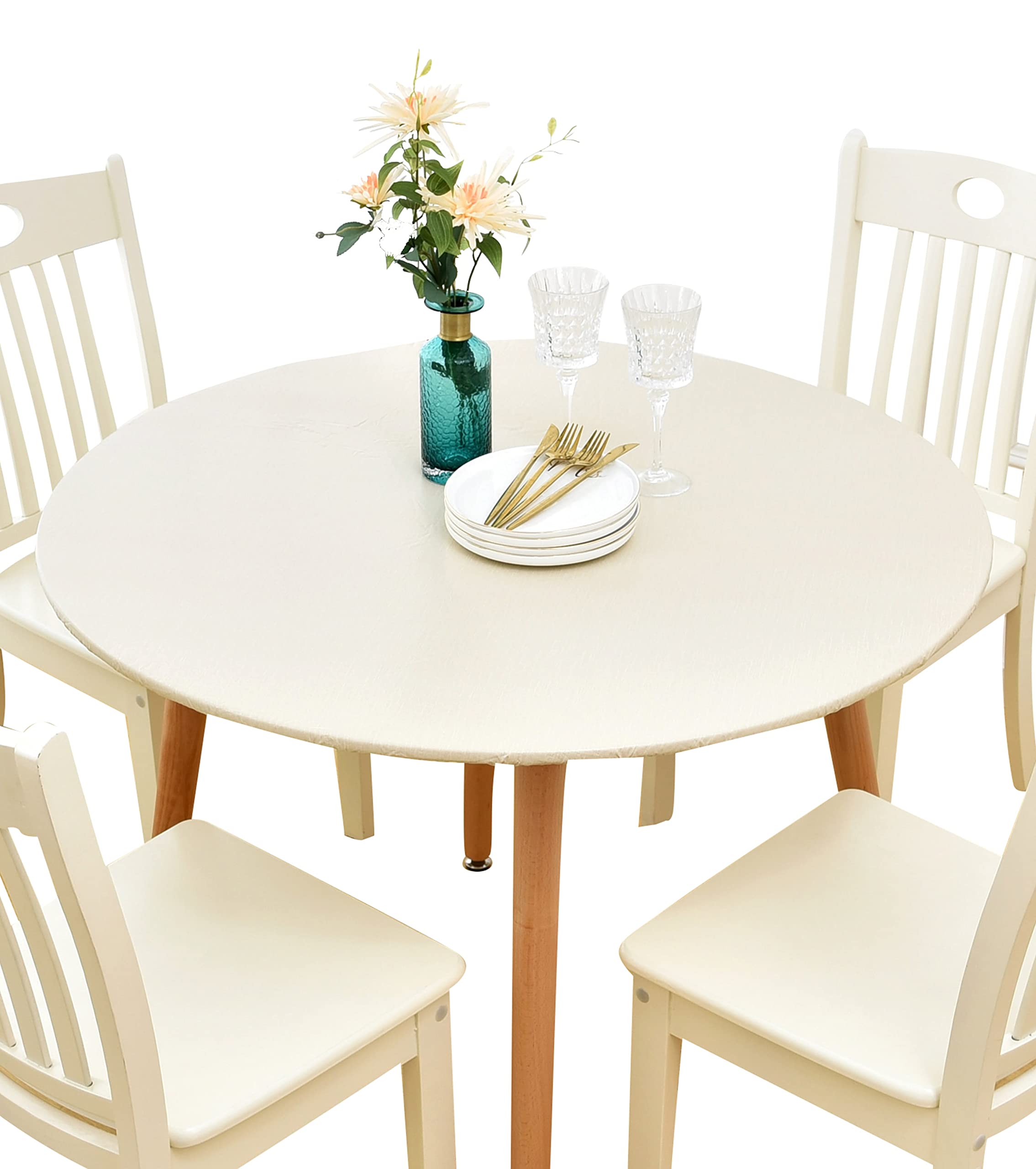 Rally Home Goods Indoor Outdoor Patio Round Fitted Vinyl Table Cloth, Flannel Backing, Elastic Edge, Waterproof Wipeable Plastic Cover in Solid Cream Color for 5-Seat Table of 36-42'' Diameter