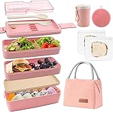 Meltset M Bento Box Japanese Lunch Box Kit Leakproof Bento Lunch Box for Kids Adults Wheat Straw 3 Layer Stackable Lunch Containers with Compartment Eco-Friendly Meal Prep Containers (Pink)