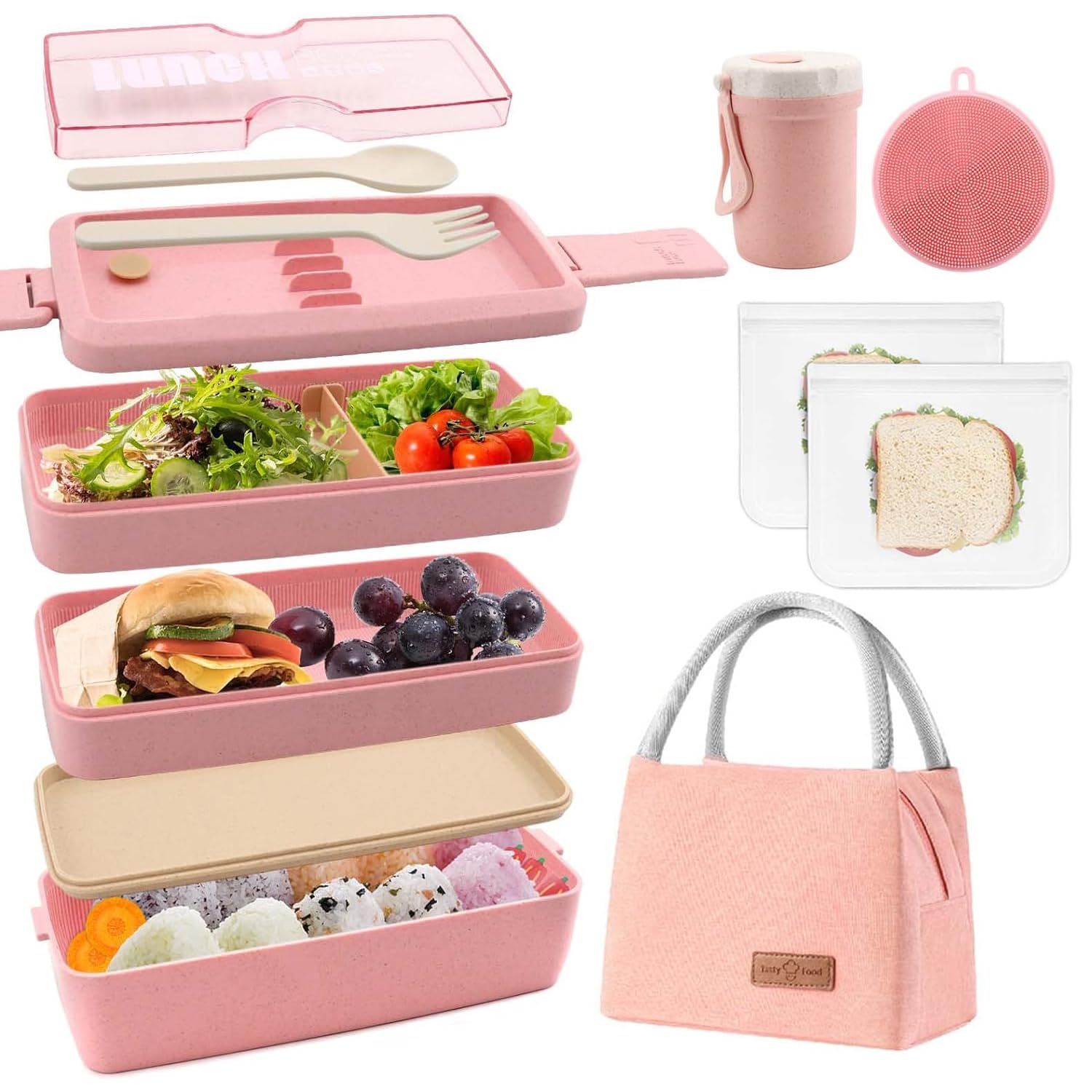 Photo 1 of Meltset M Bento Box Japanese Lunch Box Kit Leakproof Bento Lunch Box for Kids Adults Wheat Straw 3 Layer Stackable Lunch Containers with Compartment Eco-Friendly Meal Prep Containers (Pink)