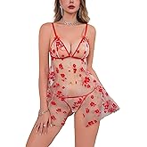 TrueVip Sexy Sheer Lingerie Sets for Women Front Closure V Neck Babydoll Nightwear Chemise Nightie Sleepwear with Thong