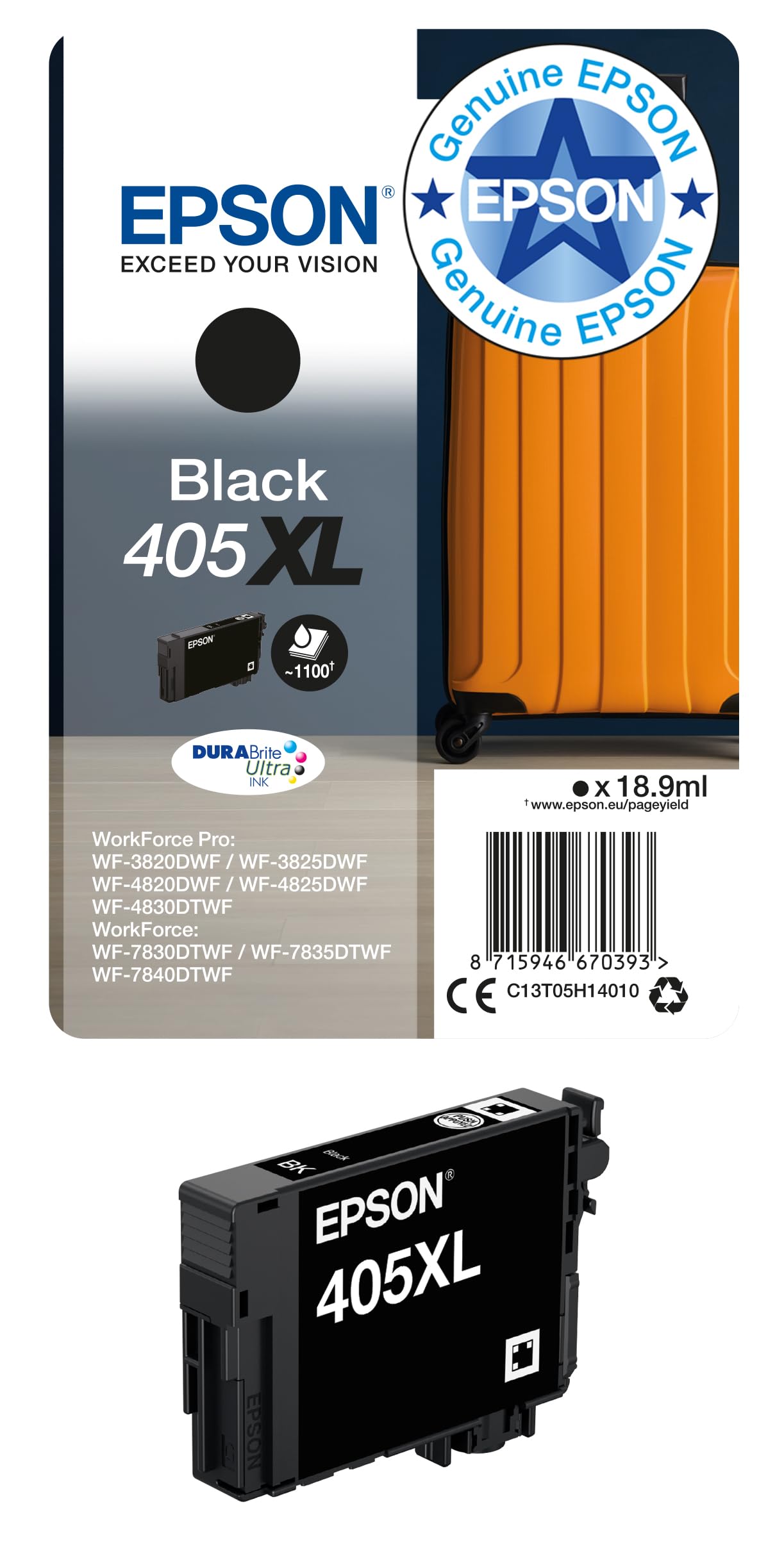 Epson 405XL Black Suitcase High Yield Genuine, DURABrite Ultra Ink,XL High Capacity