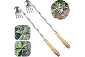 SEMIFRUT 2pack 16inch Weed Puller Tool,Weeding Tool,4 Teeth Stainless Steel Hand Weeder for Effortless Weeding,Portable Uprooting Tool for Vegetable Gardening,Backyard,Farm (Wooden Handle&Stainless Steel)