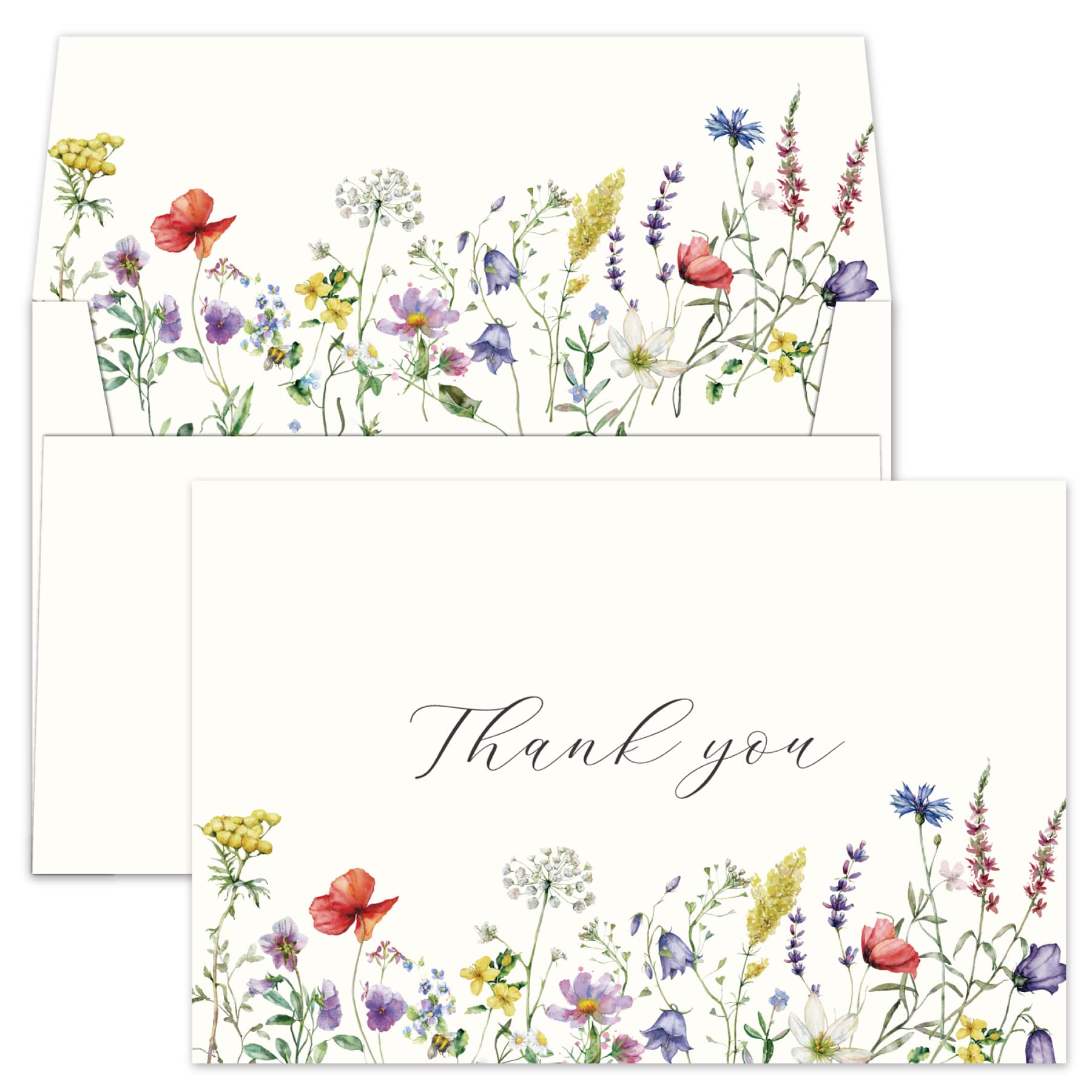 Gooji 4x6 Midsummer Floral Thank You Cards Multipack with Envelopes (Bulk 20-Pack) Matching Peel-and-Seal Envelopes, Wildflower, Weddings, Blank Notes Small Business, Assorted Stationary