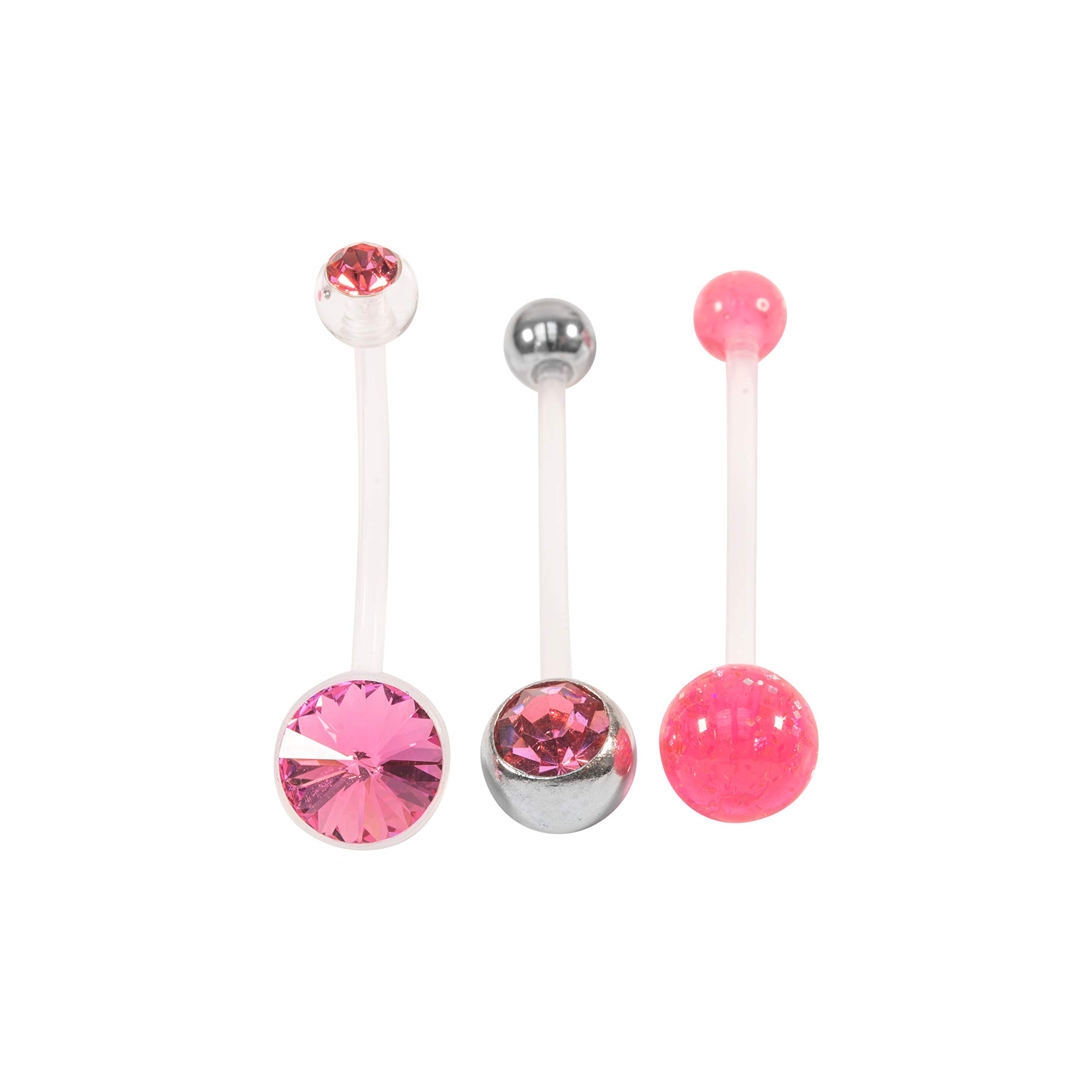 Various Sets of Pregnancy Maternity Belly Navel Bar Bioflex/Plastic Flexible PFTE Body Piercing Jewellery bars/rings (Pink Single Jewel Set of 3)