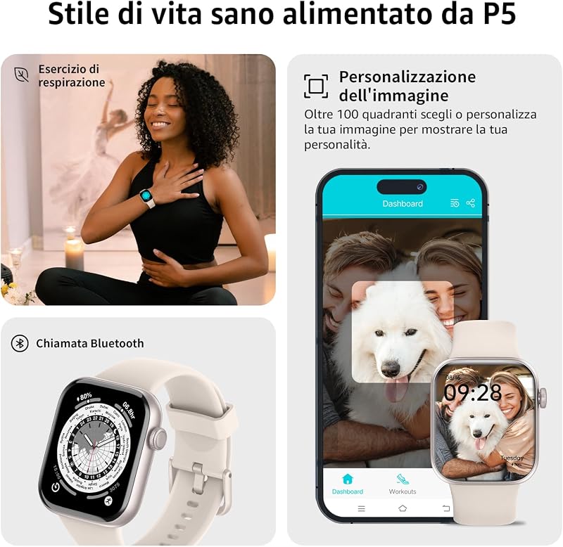 Smartwatch Uomo Donna, 1.85" Orologio Smartwatch con Effettua/Risposta Chiamate, 113 Sportive Smart Watch con Contapassi/SpO2/Sonno/Cardiofrequenzimetro, Impermeabil IP68 per iOS Android