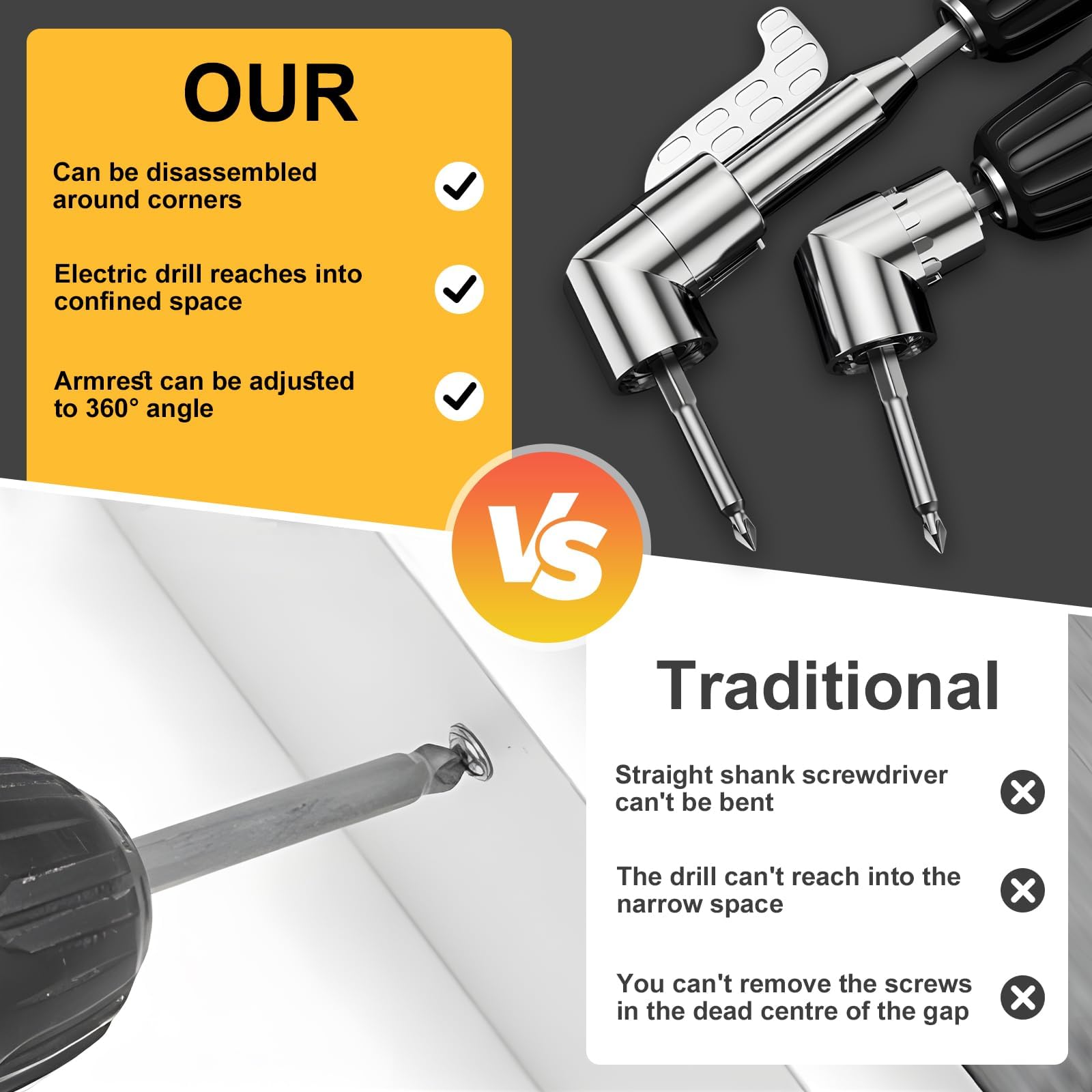 2025 Neu Corner Tool Screw,105° Winkelschrauber Vorsatz Adapter,Hub with Multi-function Bend Screwdriver Bit, 1/4-Zoll Sechskantschaft Winkelbohraufsatz, für Garage, Bauarbeiter (Kurz) 5