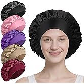5 Pack Satin Bonnet for Women, 30cm Adjustable No-Slip Sleep Cap for Curly Hair, Breathable Head Wrap for Sleeping & Skincare