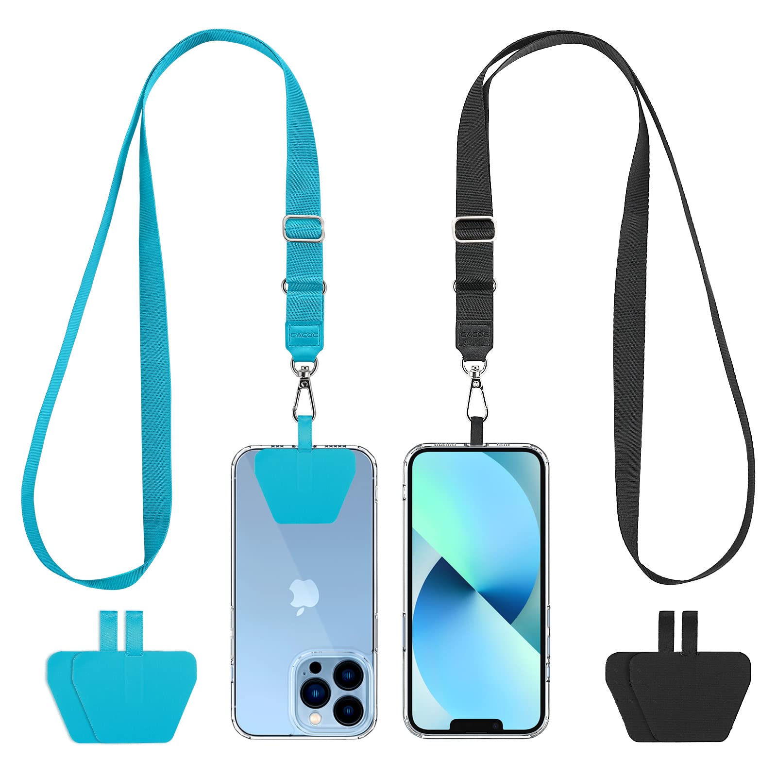 Photo 1 of CACOE Phone Lanyard 2 Pcs Adjustable Neck Strap,4 Pcs Patches,Universal Crossbody Multifuctional Patch Cell Phone Lanyards Compatible with Most Smartphones(Black+Light Blue)