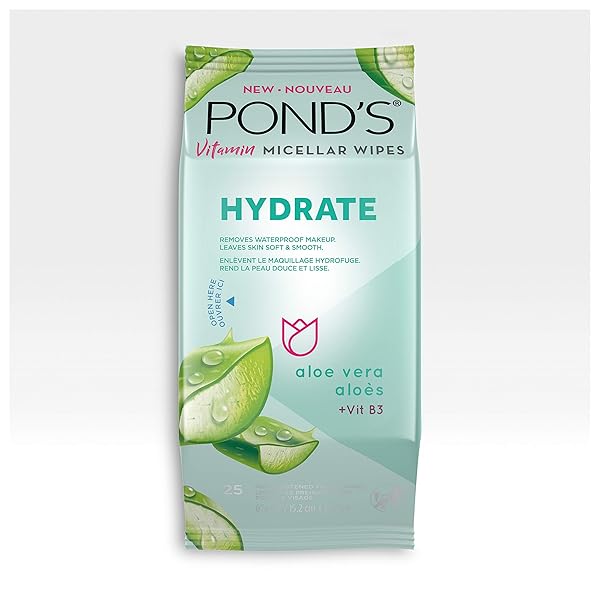 POND’S VITAMIN MICELLAR WIPES FOR DRY SKIN HYDRATE ALOE VERA REMOVES WATERPROOF MAKEUP 25 WIPES