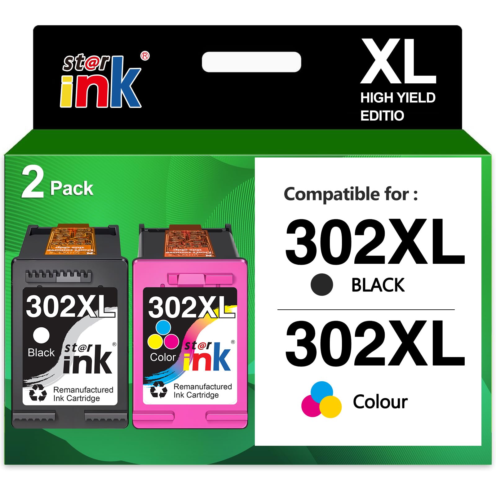 starink 302XL Ink Cartridges Combo Pack Remanufactured for HP 302 XL Black and Colour Ink Cartridges for HP Envy 4520 4527 4524 4523 OfficeJet 3835 3830 3831 4650 DeskJet 3630