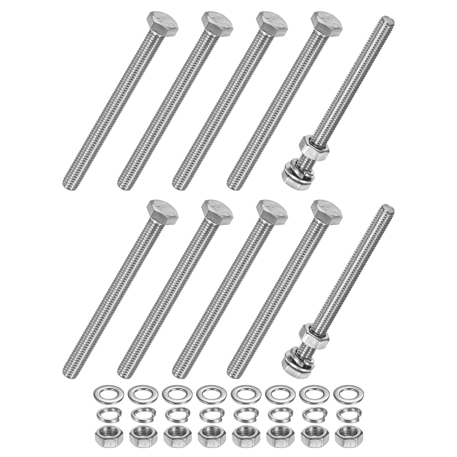 M METERXITY 10-Pack Hex Head Screw Bolt with Nuts Flat & Lock Washers M6x70mm Stainless Steel Bolts and Nuts Kit Fully Threaded Metric Bolt Assortment for Equipment/Machinery