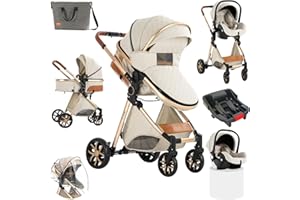 Sianldcone 3 in 1 Baby Stroller Travel System Combo Set, Reversible Convertible Infant Stroller with One-Click Folding, Toddler Newborn Pram Carriage with Aluminum Frame (UDV9-WHITE with Base)
