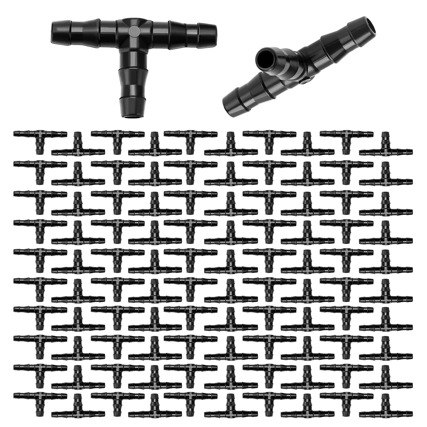 100 PCS 1/4" Plastic Barbed Tee Connector, VooGenzek Barbed Tee Fittings for 4/7mm Garden Hose, Tee Drip Irrigation Tube Joint for Watering System, for Garden, Lawn, Greenhouse — image 1