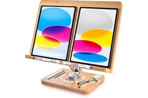 Book Stand for Reading,Crocqett 360 Degree Rotating Adjustable Book Holder with Page Clips,Large Flodable Book Stand for Desk