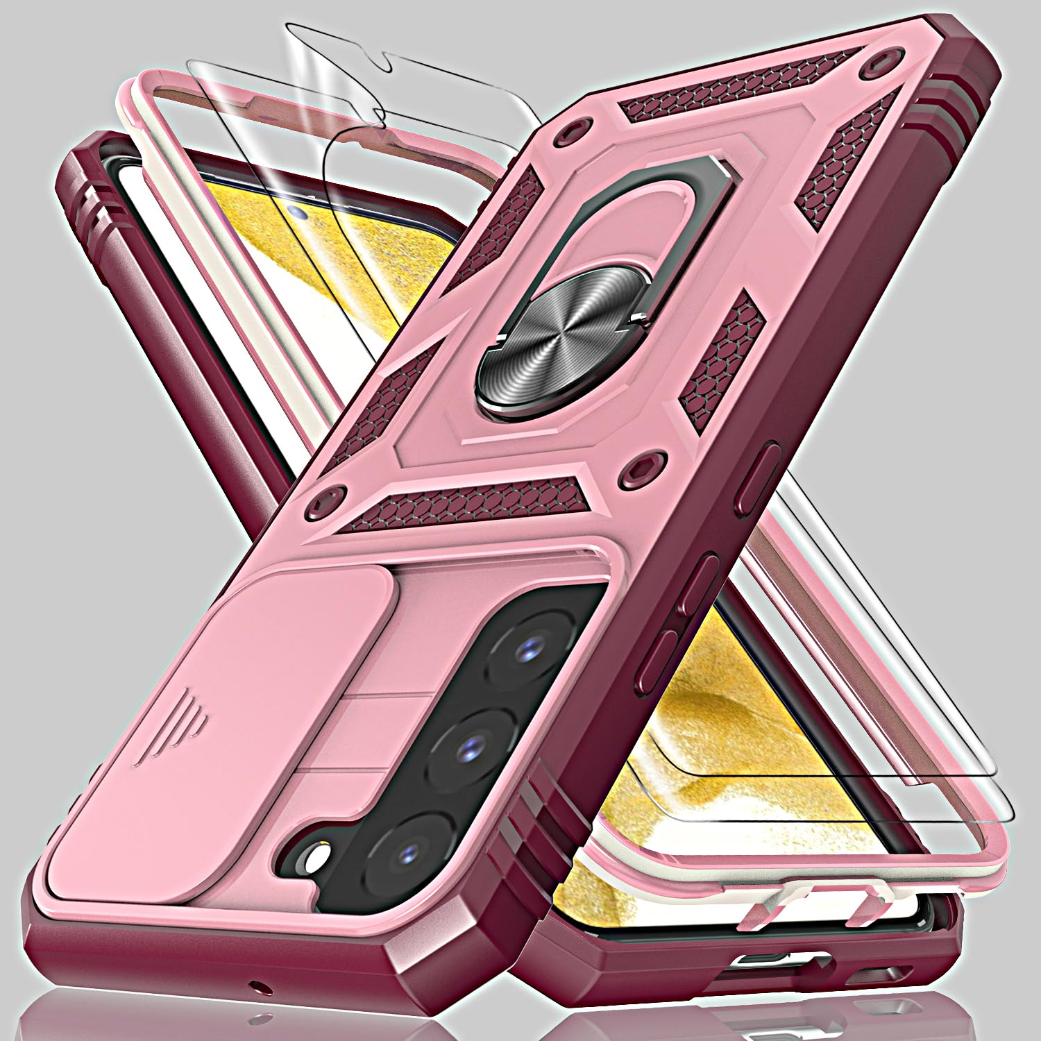 YmhxcY for Galaxy S22 Case with Camera Cover Slider, 2*Screen Protectors,Build in 360° Rotating Ring Kickstand, Military Grade Protective Case for Samsung Galaxy S22 6.1"-Wine Red/Pink