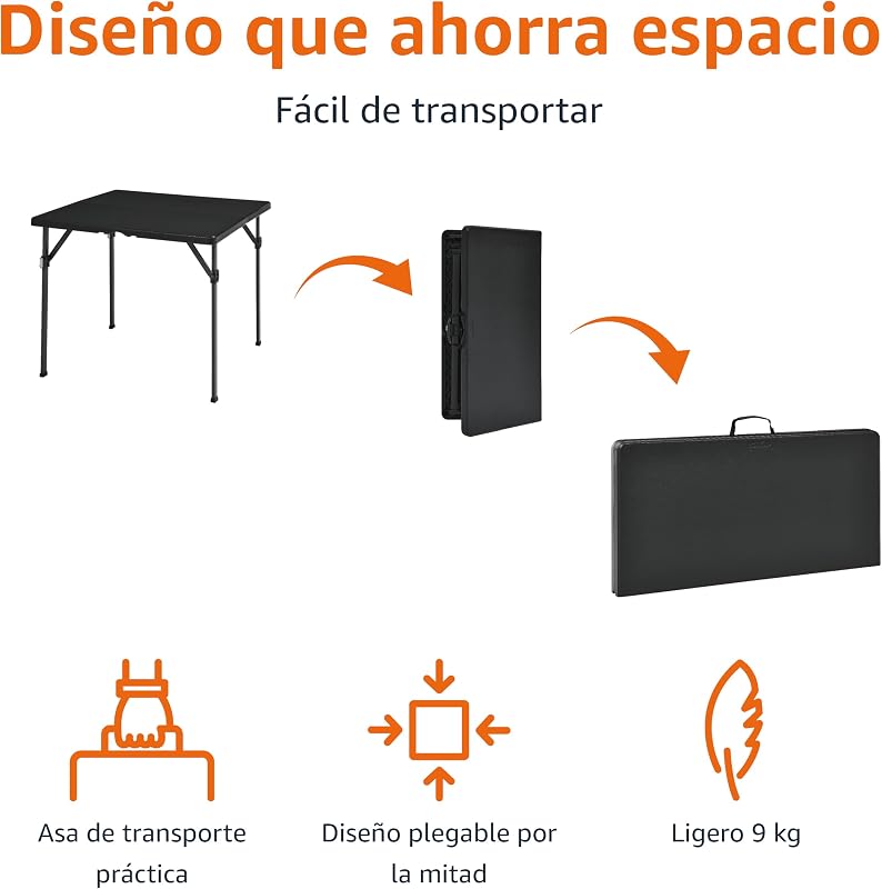 Mesa de comedor plegable cuadrada con asa de transporte, para interiores y exteriores, portátil, ligera, viaje, picnic, camping, negro, 86.1 x 86.1 x 74 cm — foto 3 de 6