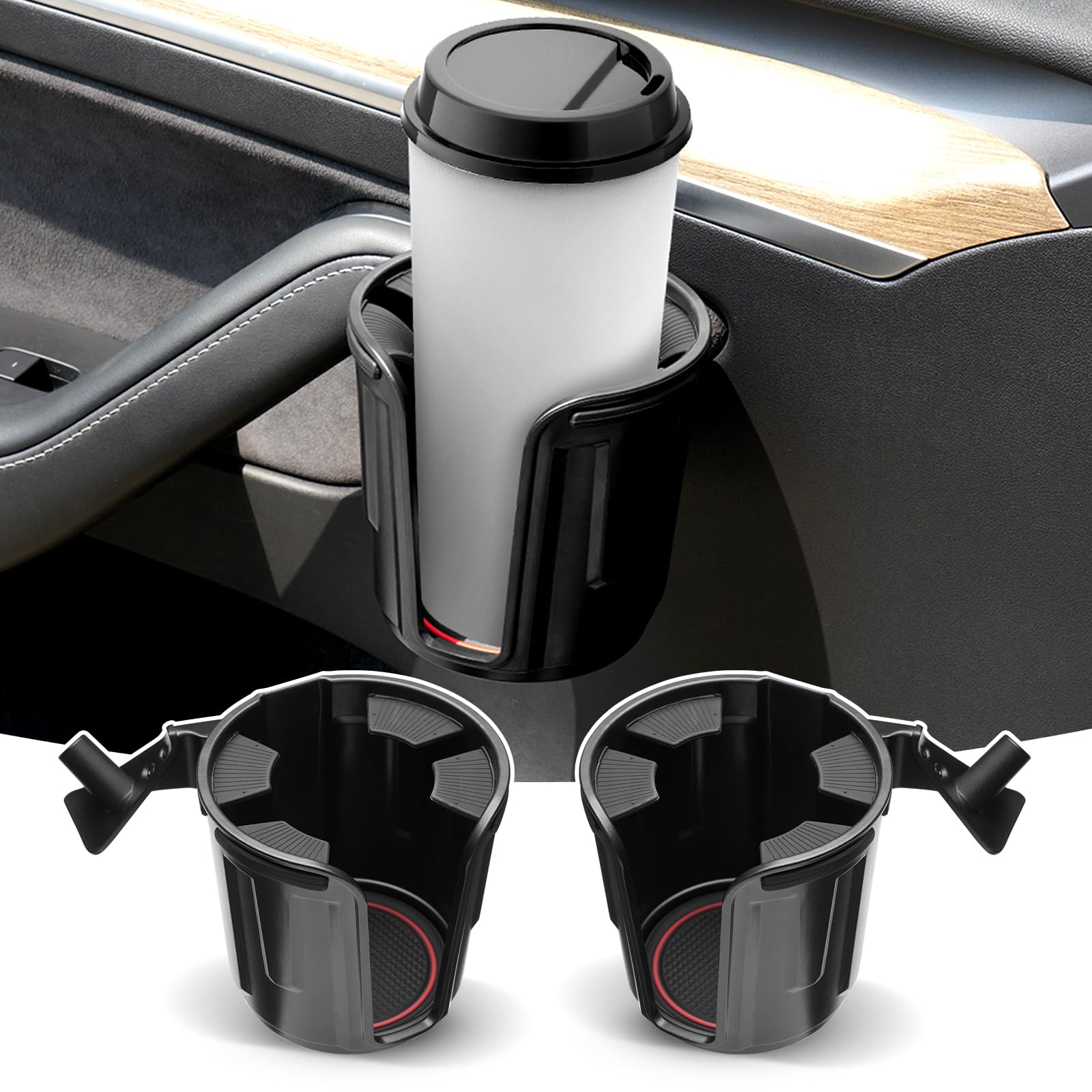 Photo 1 of Shademax Set of 2 Car Cup Holder for Tesla Model Y 2020-2025 / Model 3 2017-2023 Left&Right Side Door Cup Holder with Rubber Coaster Model Y/3 Accessories Compatible with 2.95"-3.7" Cups Bottles