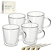 LIBWYS 12oz Double Wall Glass Coffee Mugs, Cappuccino Latte Tea Cups with Handle, Heat Resistant Borosilicate Insulated Clear Glasses (Set of 4)