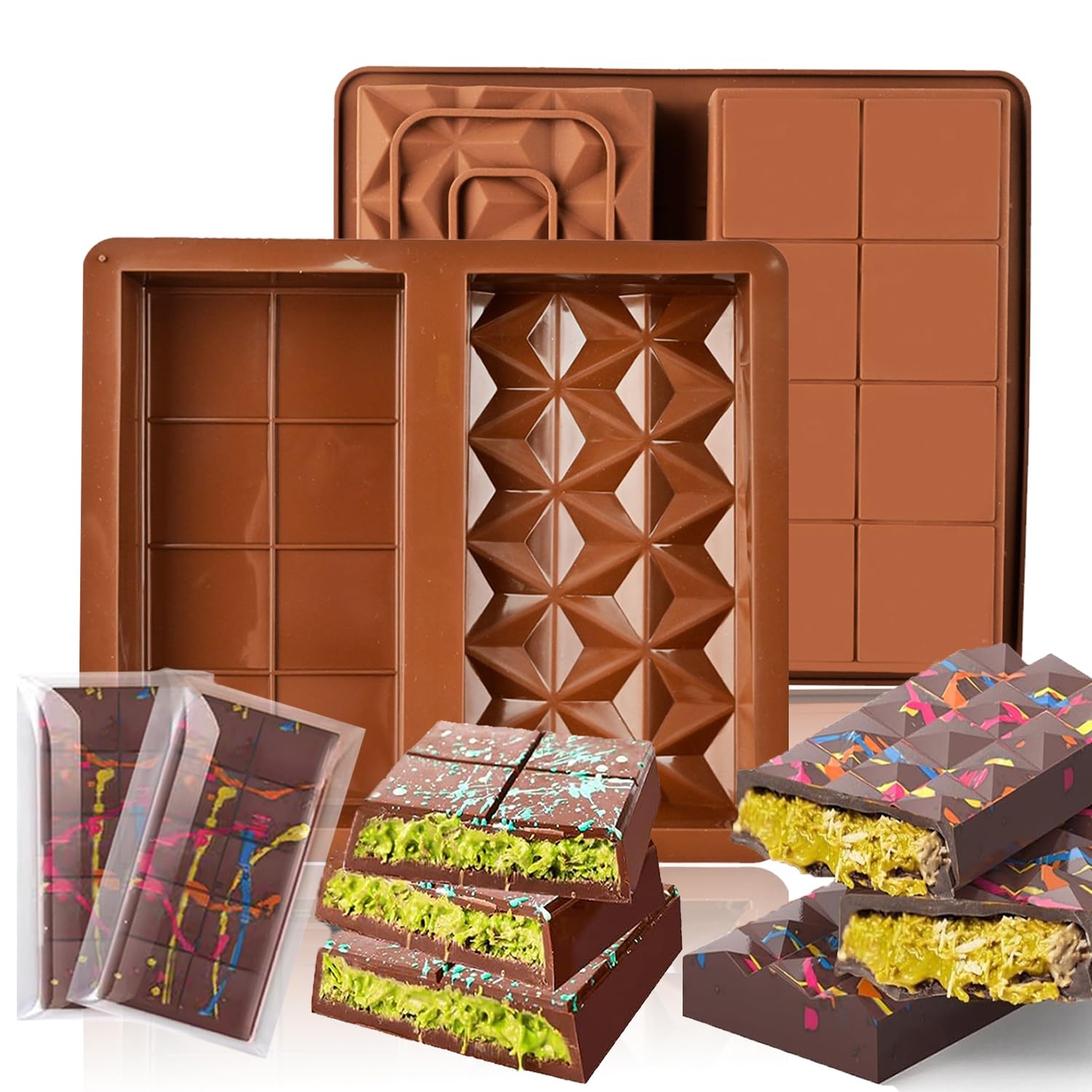 Sadodo Deep Silicone Chocolate Bar Mould,1PC Large Rectangle Diamond Shape,with 100PCS Plastic Bags,Ice Cube Tray,Cookies Candy Mould,Dubai Pistachio Jam Chocolate Making,Gift DIY