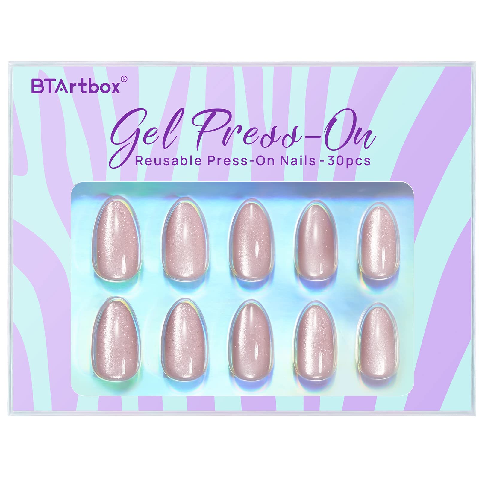 Press On Nails Short - BTArtbox Almond Press On Nails, Opaque Reusable Stick On Nails, Fake Nail with Nail Glue in 16 Sizes - 30 Nail Kit, Falling Star Cat Eye - Image 3