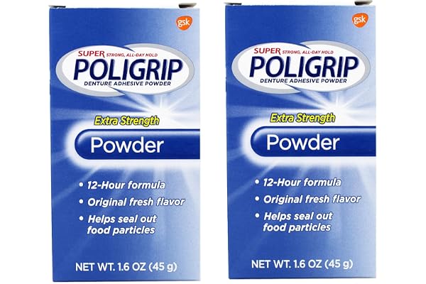 Super Poligrip Denture Adhesive Powder, Extra Strength 1.6 oz (Pack of 2)