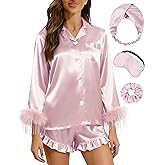 MORFORU Bride Bridal Pajama Set Silk Bridesmaid Pajamas with Feather Trim Long Sleeve Satin Silky Pj Lounge Set