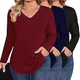 Ficerd 3 Pack Women's Plus Size T-Shirts, V Neck Long Sleeve Blouse Shirts Loose Fit Curved Hem Tees Casual Swing Tunic Tops