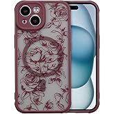 XIZYO Magnetic Case for iPhone 15, Floral Flower Cute Aesthetic Case [Compatible with Magsafe] for Women Girls Rose Pattern Slim TPU Bumper Shockproof Protective Cover, Branch Rose/Wine Red