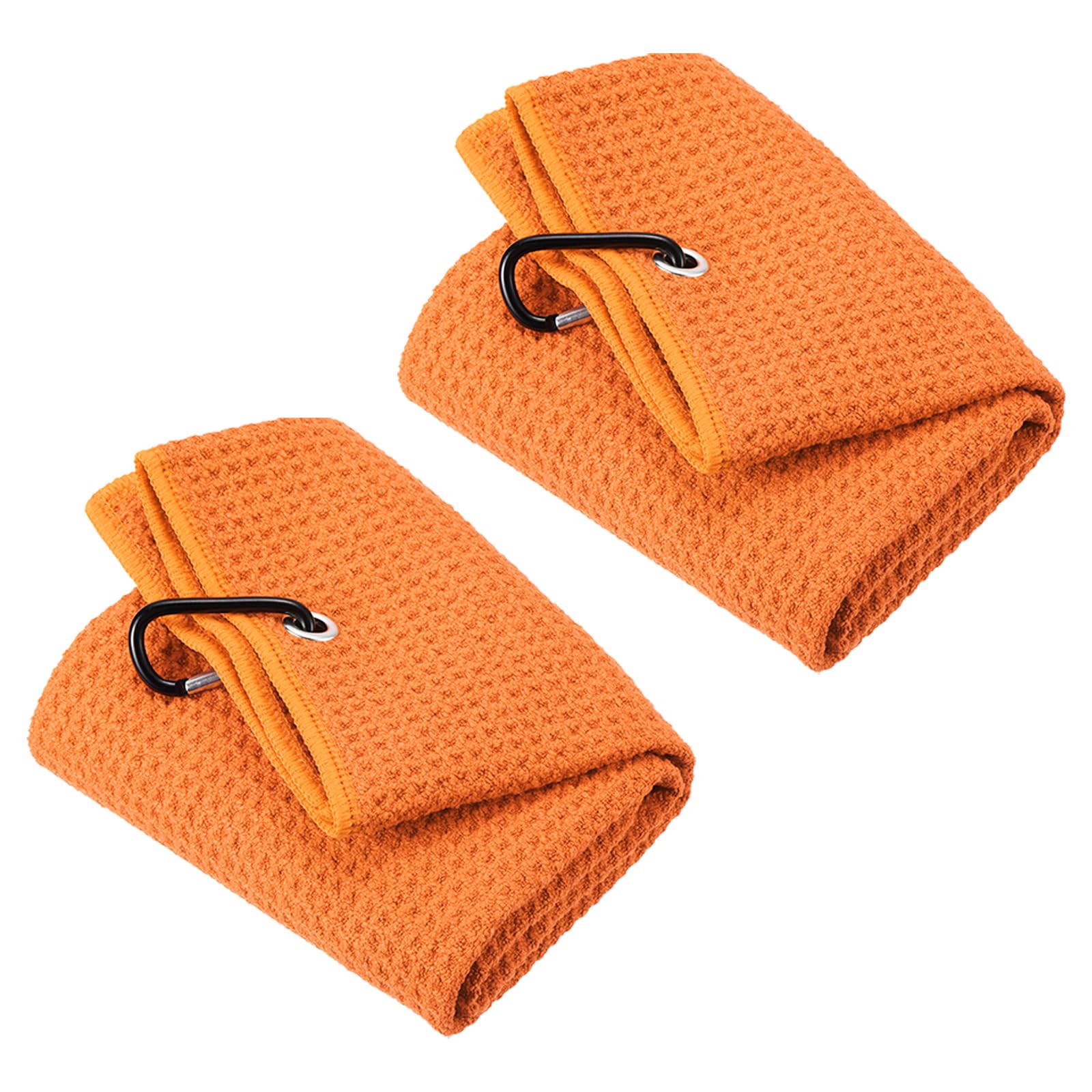 PATIKIL 24"x16" Tri-Fold Golf Towels, 2 Pack Waffle Pattern Towels Soft Fiber Strong Water Absorption with D Clip for Golf Lovers, Orange