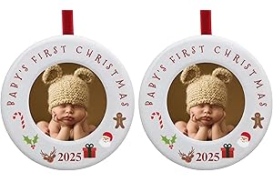 BANBERRY DESIGNS Baby's First Christmas Photo Ornaments - Dated 2025 - Set of 2 - Picture Frame Ornaments for Newborns - 3.5" Dia - Hangs on Tree or Sits with Easel Back - Holds 2" Dia Photo