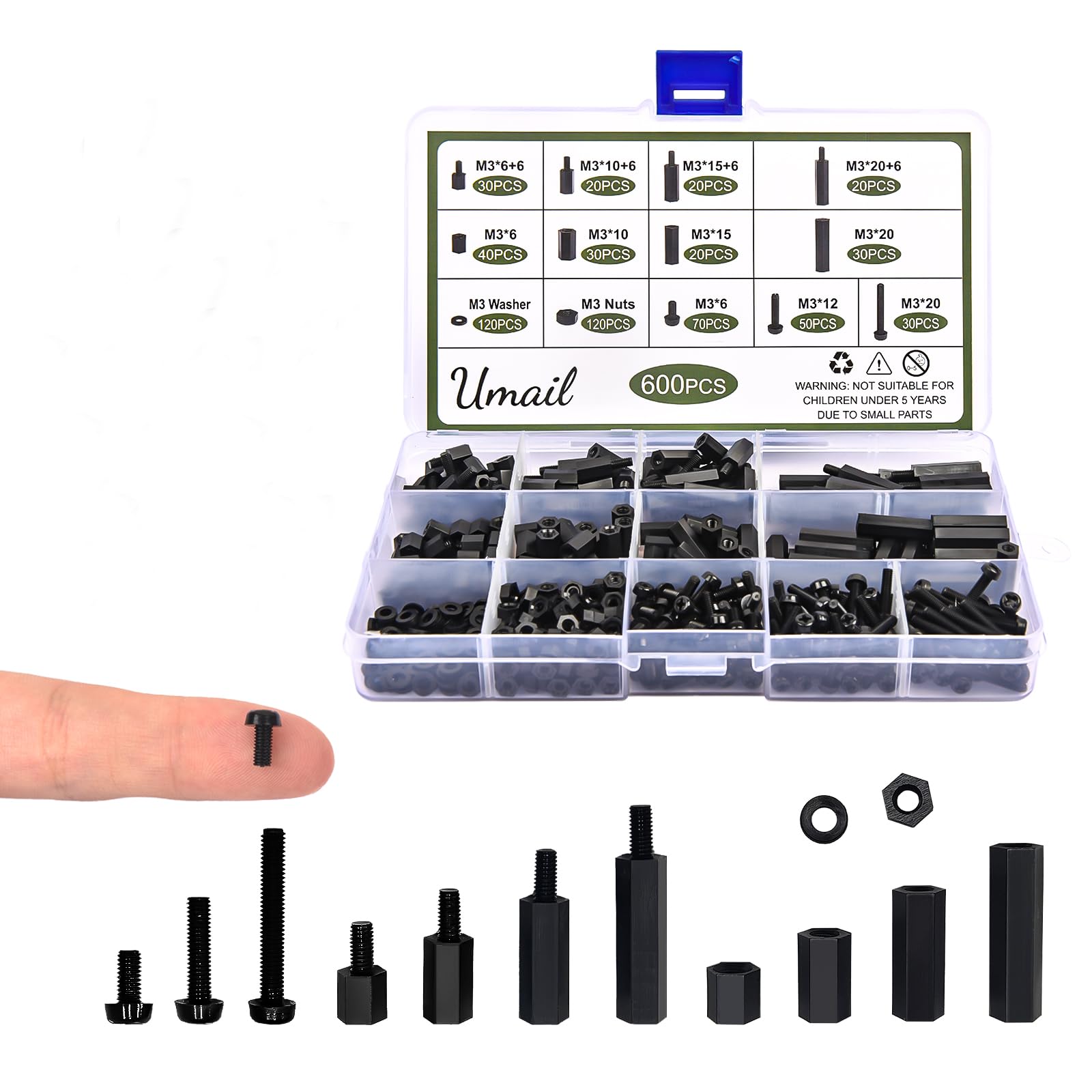 Photo 1 of 600PCS Nylon Spacers Kit - M3 Male to Female Threaded Spacers for PCB, 3D Printer, Electronics, DIY Projects-Sturdy, Insulating & Organized Case