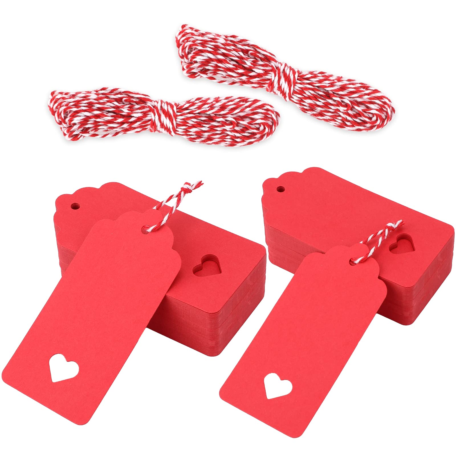 JijAcraft 100PCS Red Heart Gift Tags, 4.5CMX9.5CM Valentines Wedding Favour With Red and White String for Christmas Decorations