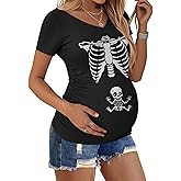 Ekouaer Maternity Halloween Costumes Skeleton Baby T Shirts Funny Cute Pregnancy V Neck Side Ruched Tops S