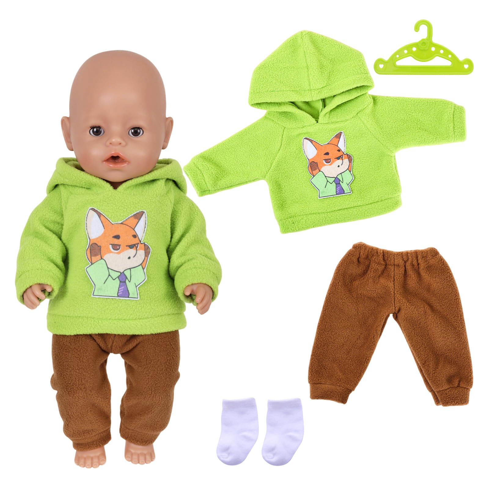 4 Pcs Baby Doll Clothes for 12-18 Inch Doll，Cartoon Fox Baby Doll Accessories for 30-45cm Dolls with Green Hoodie Brown Trousers White Socks Hanger Sweet Doll Clothes for Kids Birthday Gift