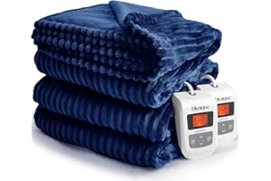 blunique Heated Queen Blanket Striped Electric Blanket - Heating Blanket Queen with 6 Heat Levels & 10 Hours Auto-Off, Cozy Soft Fleece Blanket, Washable, Fast Heating, 84 x 90 Inches, Navy Blue