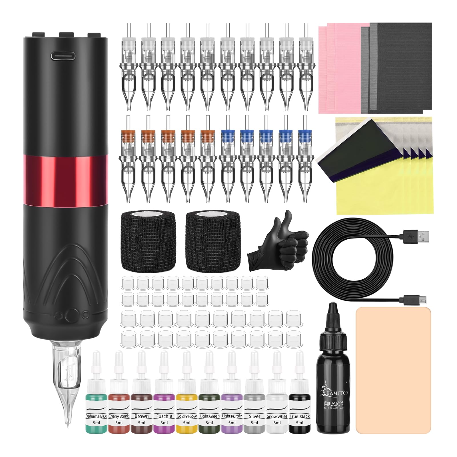 BAMTTOO Tattoo Gun Kit Complete Tattoo Pen Set 1600mAh Wireless Tattoo Machine Professional Tattoo Pen Kit Cartridge Needles Tattoo Supplies
