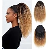 Afro Kinky Curly Ponytail Human Hair 150% Density Brazilian Virgin Hair 4C Afro Puff Drawstring Ponytail Extension for Black Women Dark Brown mix Honey Blone Color(12 Inch 1B4#27)